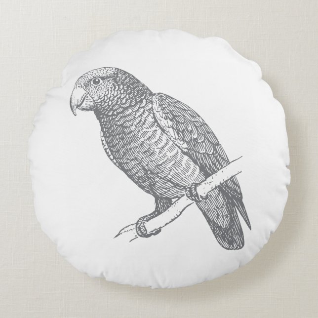 Line Art of Parrot (Gray) Fine Art Rund Kudde (Framsidan)