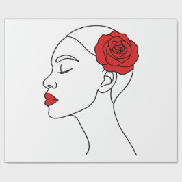 Line Art Porträtt i Woman med Röd ros Presentpapper