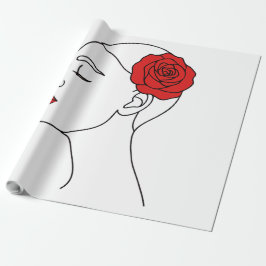 Line Art Porträtt i Woman med Röd ros Presentpapper