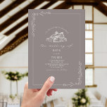 Line Art Rustic Barn Amethyst Bröllop Inbjudningar<br><div class="desc">Beläggning av lada överst med botaniska gräns i konturkonst. Bakgrunden är ametyst grått färg.</div>