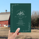 Line Art Rustic Barn Emerald Bröllop Inbjudningar<br><div class="desc">Beläggning av lada överst med botaniska gräns i konturkonst. Bakgrunden är grönt färg.</div>