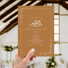 Line Art Rustic Barn Goldenrod Bröllop Inbjudningar