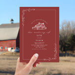 Line Art Rustic Barn Muted Red Bröllop Inbjudningar<br><div class="desc">Beläggning av lada överst med botaniska gräns i konturkonst. Bakgrunden är röd färg.</div>