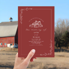 Line Art Rustic Barn Muted Red Bröllop Inbjudningar