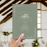 Line Art Rustic Barn Sage Grönt Bröllop Inbjudningar<br><div class="desc">Beläggning av lada överst med botaniska gräns i konturkonst. Bakgrunden är grönt färg.</div>