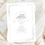 Line Art Rustic Barn Sage Grönt White Bröllop Inbjudningar<br><div class="desc">Beläggning av lada överst med botaniskt gräns i konturkonst i sage grönt. Bakgrunden är vit.</div>