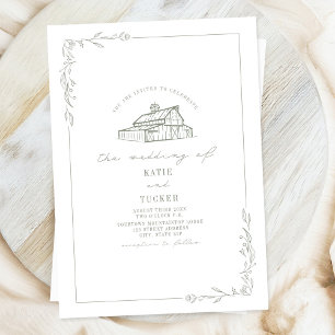 Line Art Rustic Barn Sage Grönt White Bröllop Inbjudningar
