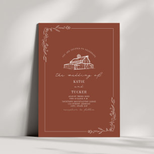 Line Art Rustic Barn Terracotta Bröllop Inbjudningar