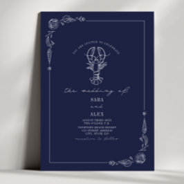 Line Art Rustic Navy Blue Lobster Beach Wedding Inbjudningar