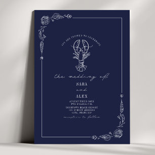 Line Art Rustic Navy Blue Lobster Beach Wedding Inbjudningar