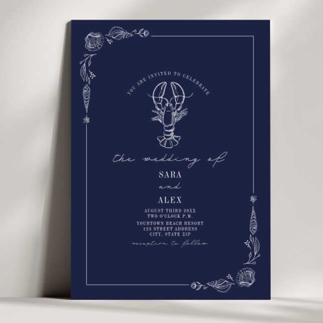 Line Art Rustic Navy Blue Lobster Beach Wedding Inbjudningar (Skapare uppladdad)