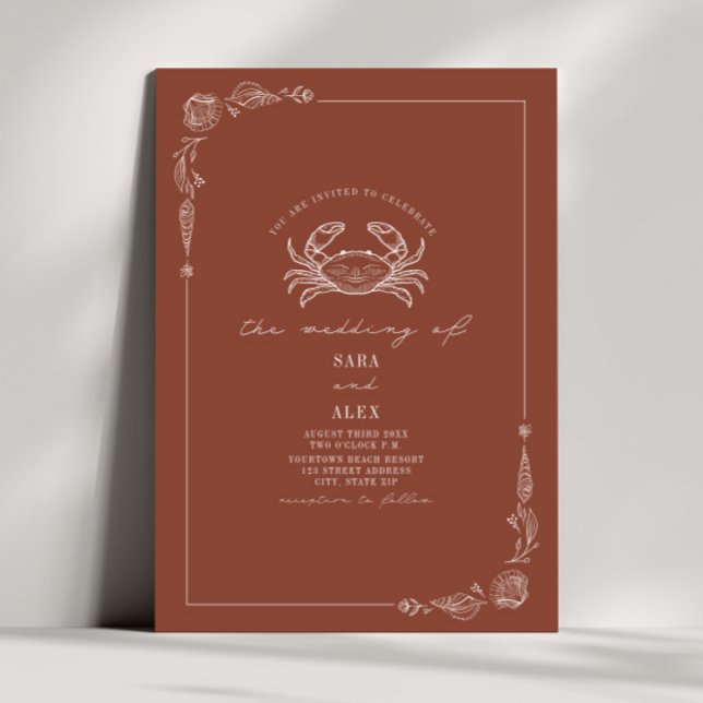 Line Art Rustic Terracotta Crab Beach Wedding Inbjudningar (Skapare uppladdad)