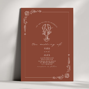 Line Art Rustic Terracotta Lobster Beach Wedding Inbjudningar