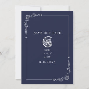 Line Art Seashell Mörk blått Rustic Beach Wedding Spara Datumet