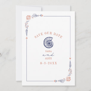 Line Art Seashell Red & Blue Rustic Beach Wedding Spara Datumet
