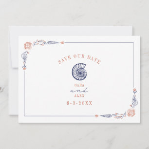 Line Art Seashell Red & Blue Rustic Beach Wedding Spara Datumet