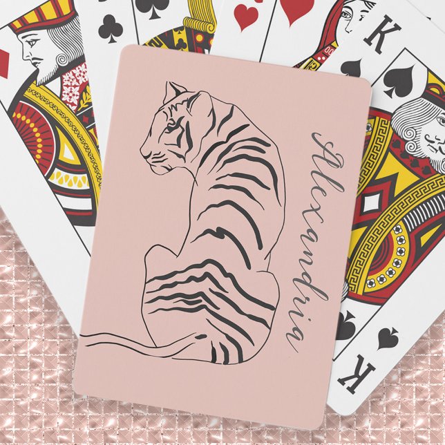 Line Art Tiger Blush Rosa Namn Casinokort (Line art drawing tiger playing cards personalized with your name or any text you choose.)