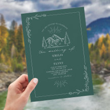 Line Art Woodland Mountain Mörk Teal Bröllop