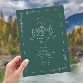 Line Art Woodland Mountain Mörk Teal Bröllop Inbjudningar