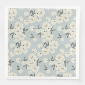 Line Drawn Peony in Cream on Light Blue-Napkin Pappersservett