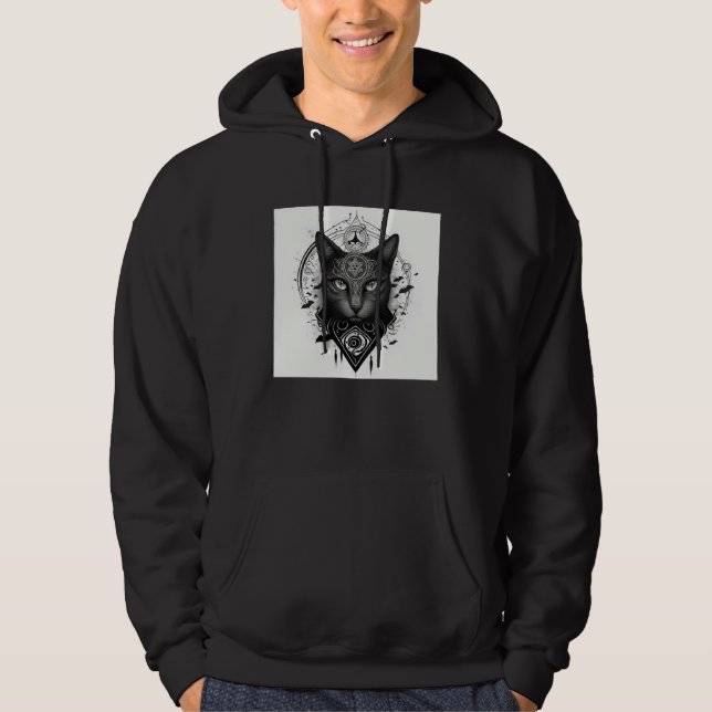 Line Gothic Cat with Wiccan and Occult Symbols  1 Hoodie (Framsida)