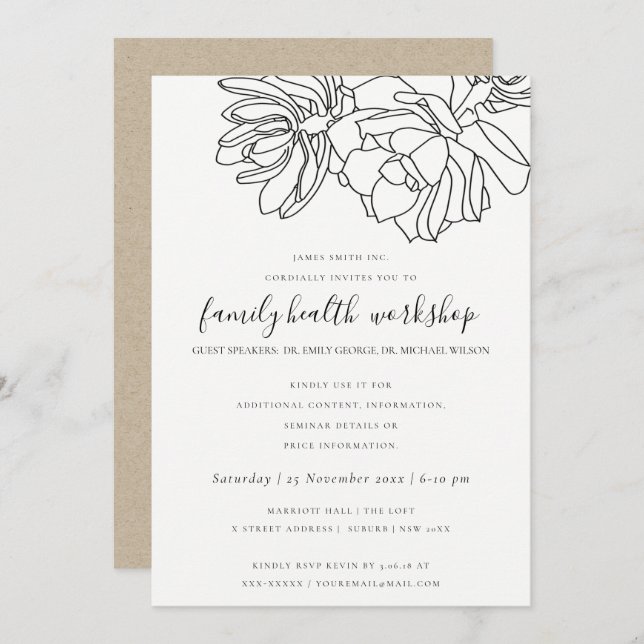 LINE TECKNING DESERT CACTI SUCCULENT WORKSHOP HÄND INBJUDNINGAR (Fram/baksida)