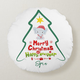 Line Träd jul och Gott nytt år Elephant Rund Kudde