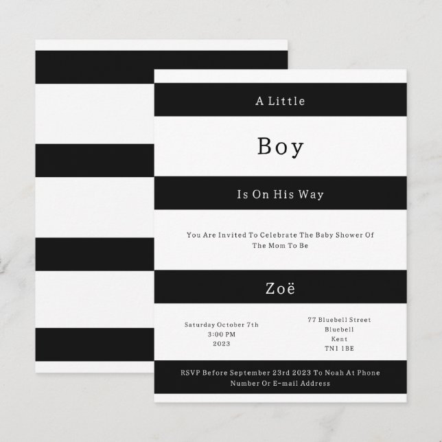 Linear Chic Black And White Stripes Baby Invite Br Vykort (Fram/baksida)