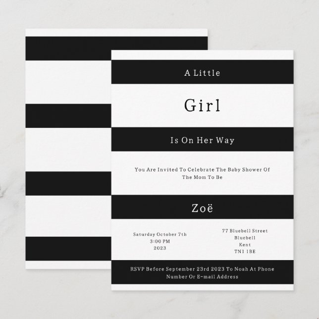 Linear Chic Black And White Stripes Baby Invite Vykort (Fram/baksida)