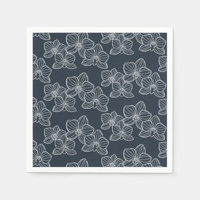 Linear Orchid | Chic Botanical Floral Dark Navy Pappersservett (Framsidan)