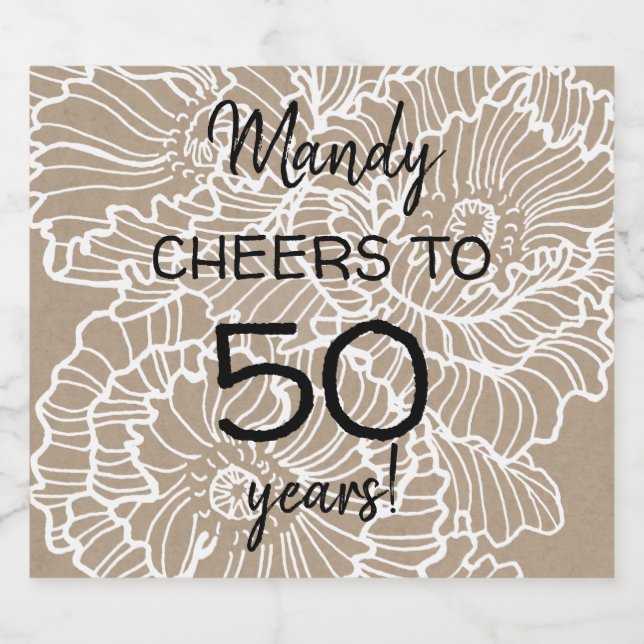 Lineart-blommor-poppies-födelsedag Ölflaska Etikett (Singel etikett)