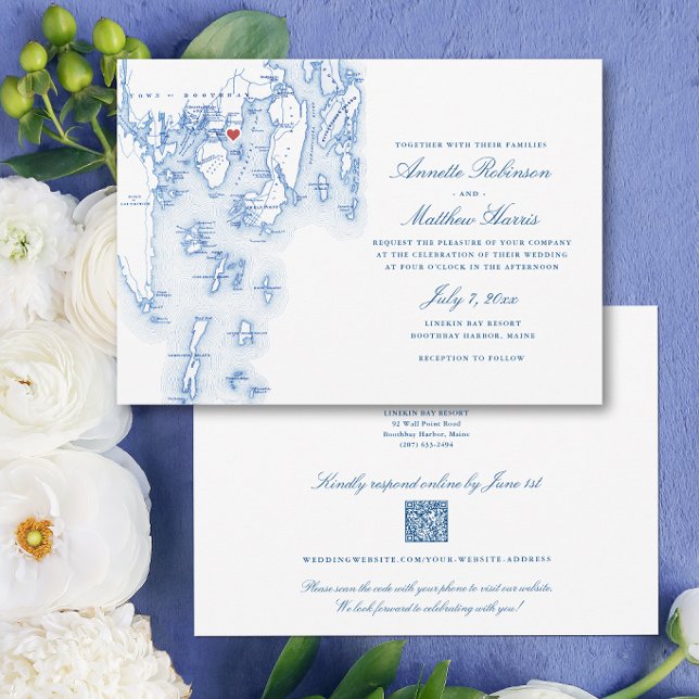 Linekin Bay Resort All-in-One QR-kod OSA Bröllop Inbjudningar (Linekin Bay Resort Budget Wedding Invitation with QR Code in elegant navy blue by Coastal Map Design)