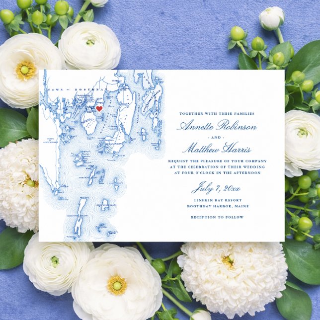Linekin Bay Resort Boothbay Maine Navy Karta Bröll Inbjudningar (Linekin Bay Resort Wedding Invitation Blue Boothbay Harbor Maine map by Coastal Map Designs)