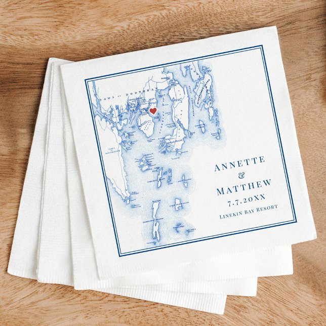 Linekin Bay Resort Maine Karta Elegant Bröllop Pappersservett (Linekin Bay Resort Wedding Cocktail Napkins navy blue Boothbay Harbor Map by Coastal Map Designs)