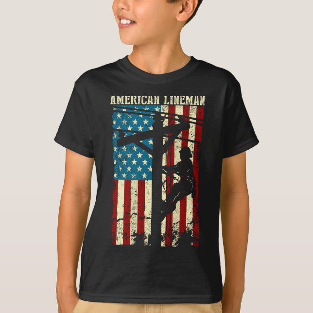 Lineman American flagga Electric Cable gift Patrio T Shirt (Framsida)