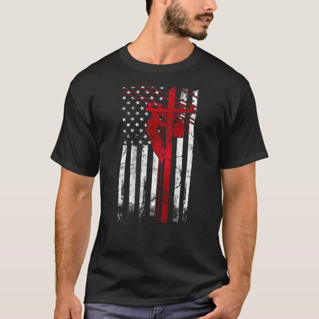 Lineman American Flagga Electric Cable Lineman fat T Shirt (Framsida)