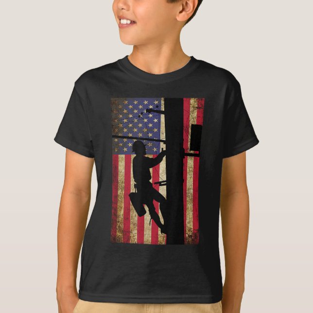 Lineman American Flagga Electric Cable Lineman Gif T Shirt (Framsida)