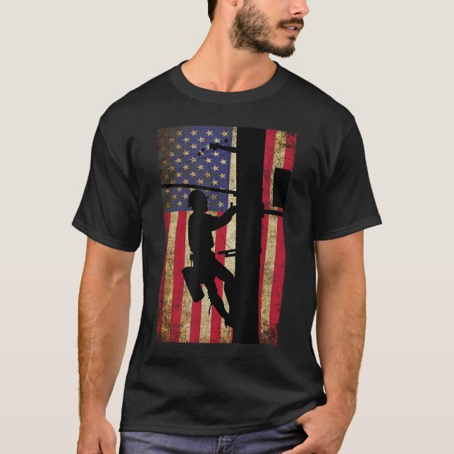 Lineman American Flagga Electric Cable Lineman Gif T Shirt (Framsida)