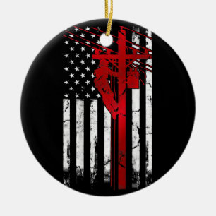 Lineman American Flagga Electric Cable Lineman Julgransprydnad Keramik