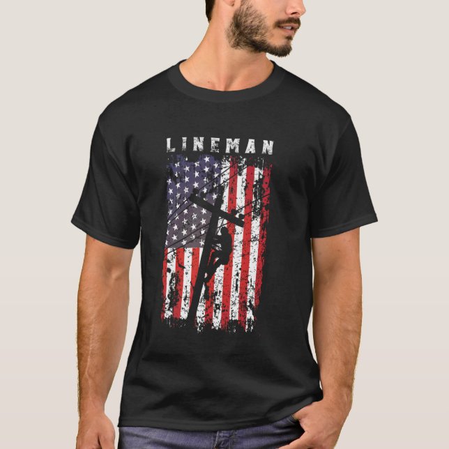 Lineman American Flagga Electric Cable Lineman T Shirt (Framsida)