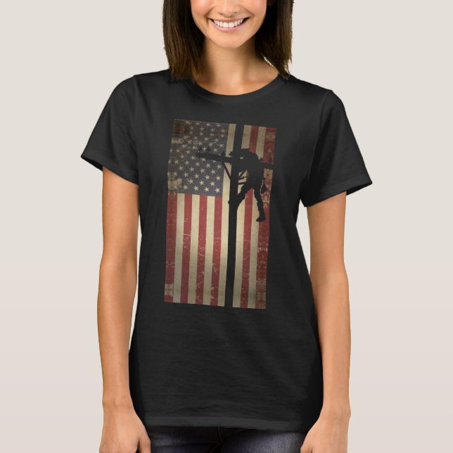 Lineman American Flagga Electric Cable Lineman T Shirt (Framsida)