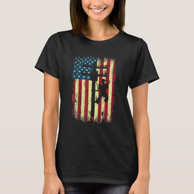 Lineman American Flagga Electric Cable Lineman T Shirt (Framsida)