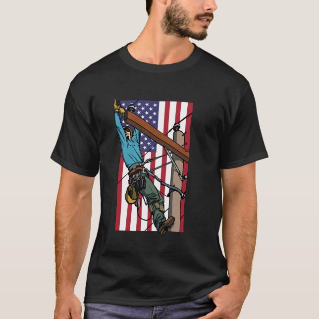 Lineman American Flagga Electric Cable Lineman T Shirt (Framsida)