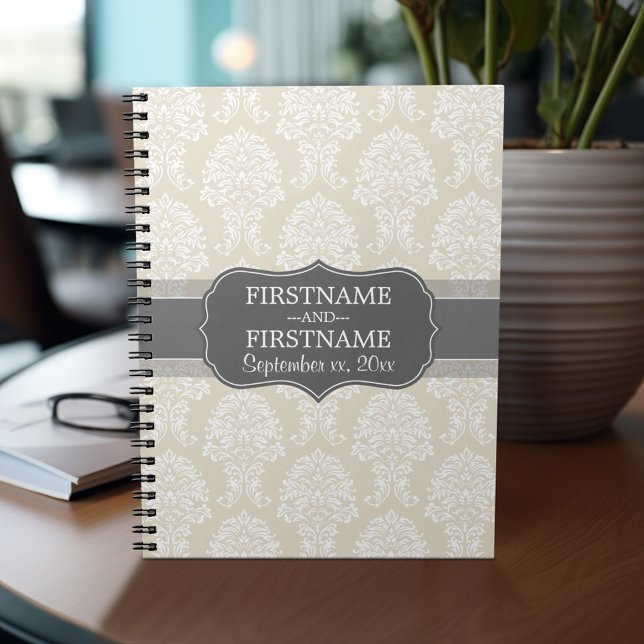 Linen Beige and Charcol Damask Pattern Anteckningsbok Med Spiral (Personalized notebook with custom text - add your name and other options)