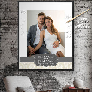 Linen Beige and Charcol Damask Pattern Poster
