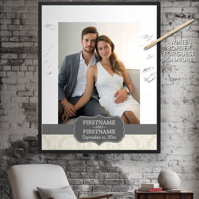 Linen Beige and Charcol Damask Pattern Poster (Custom Guest Book Poster)