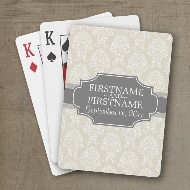 Linen Beige and Charcol Damask Pattern Spelkort (Wedding and Anniversary Playing Cards - Personalize with your information)