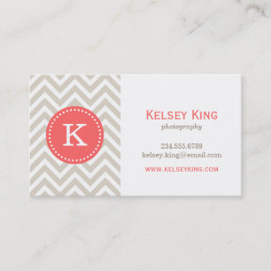 Linen Beige & Coral Chevron Anpassningsbar Monogra Visitkort