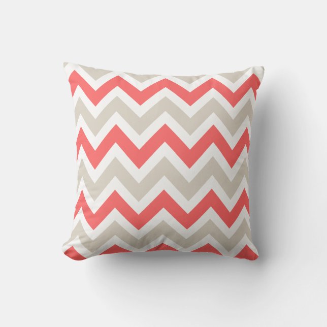 Linen Beige och Coral Chevron Kudde (Framsida)