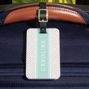 Linen Beige och Mint Grekiska Nyckel Anpassningsba Bagagebricka